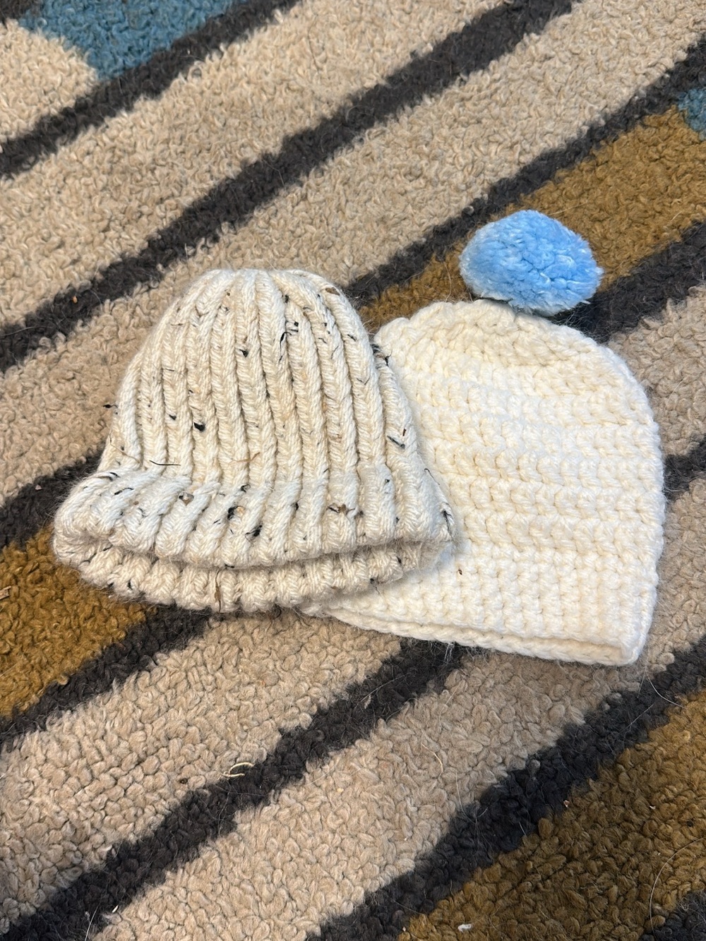 Kids Cream Knit Beanie with Blue Pom Pom